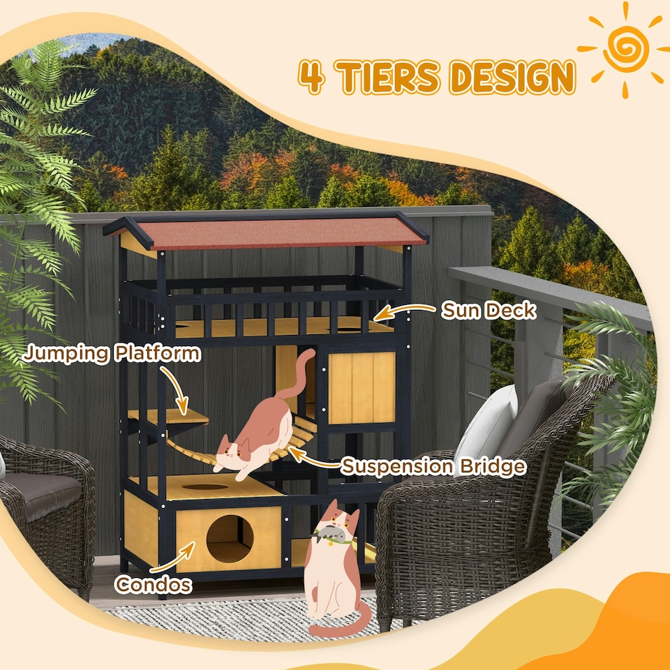 image 1 of PawHut Outdoor Cat House w/ Suspension Bridge, Houses, Balcony