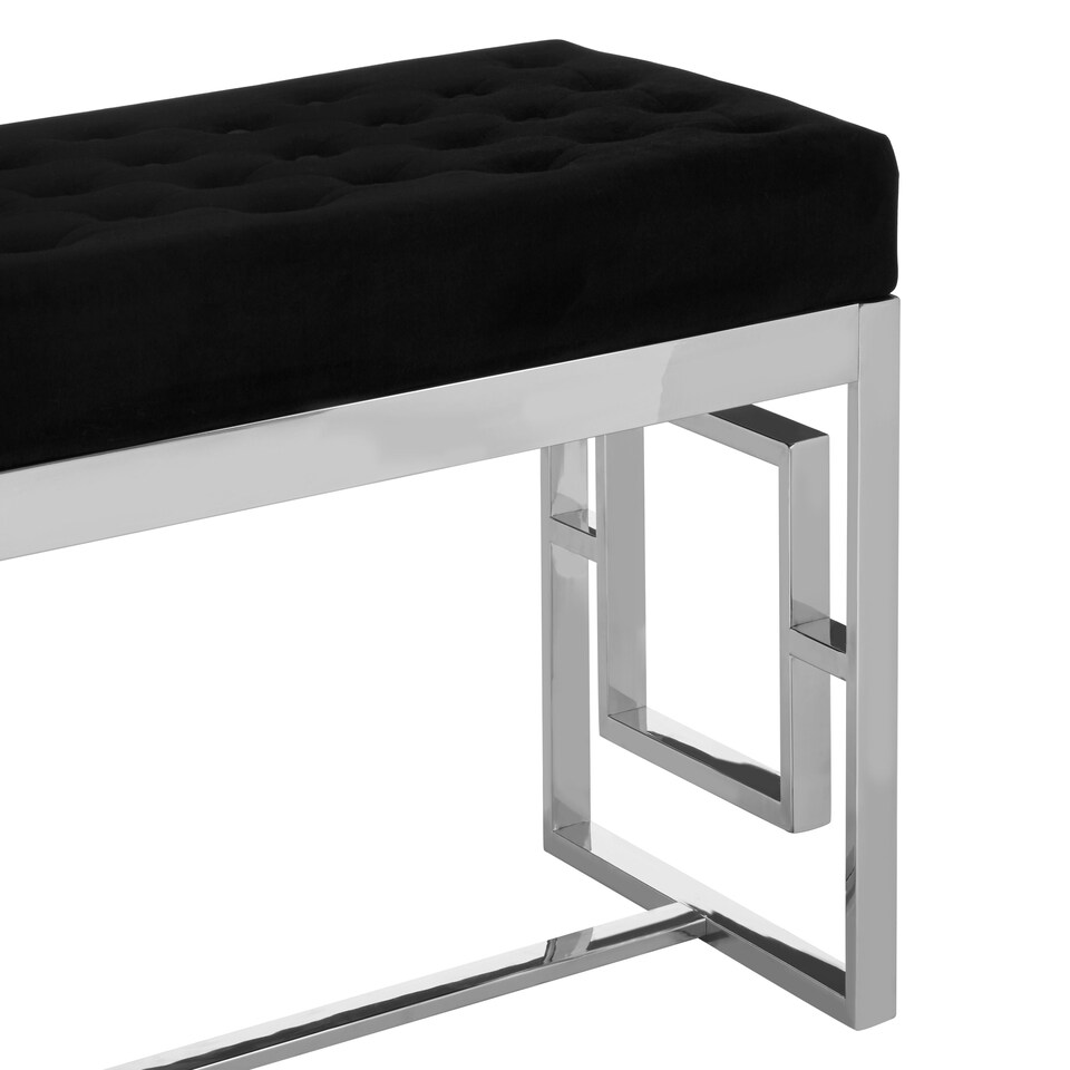 image 1 of Interiors by Premier Black Velvet Tufted Bench With Silver Stainless Steel Frame, Contemporary Button Tufted Accent Bench Black