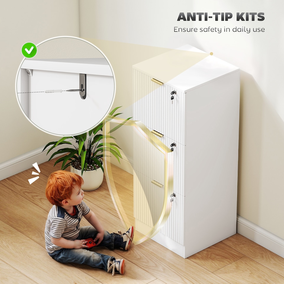 image 1 of Filing Cabinet, File Cabinet with 3 Lockable Drawers and Hanging Rails | White