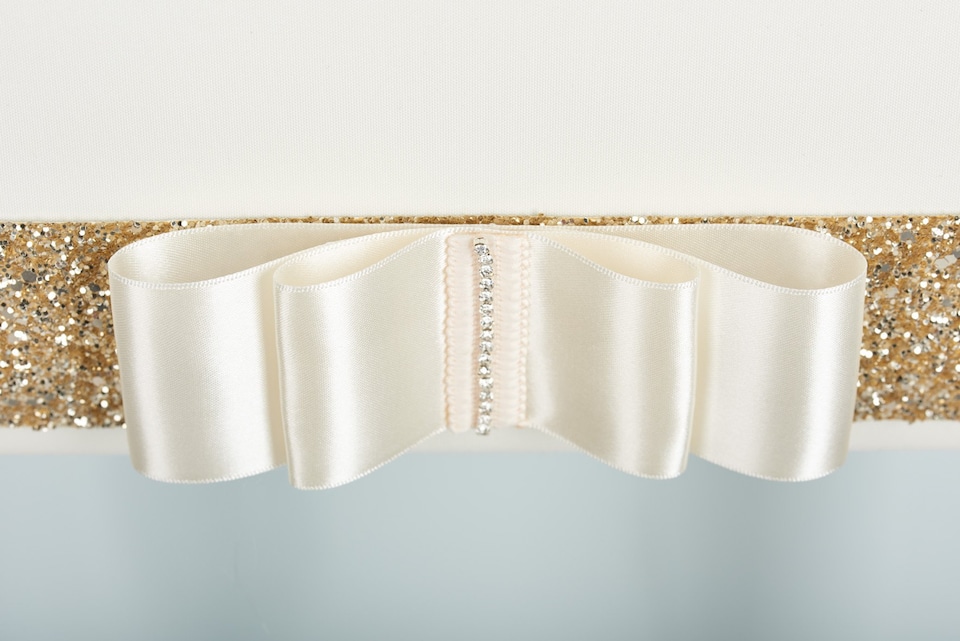 image 1 of FURNISHED Blackout Roller Blind with Gold Glitter Trim and Cream Bow Trimmable Window Shade | Cream | Cream | (W) 230cm x (L) 210cm