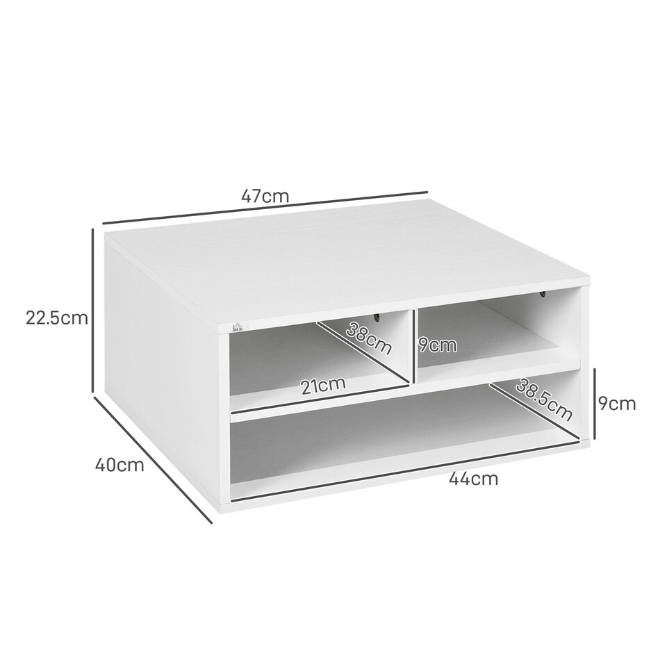 image 1 of HOMCOM Desktop Printer Stand with 3 Open Compartments, Desk Organiser, White