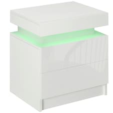 HOMCOM High Gloss Bedside Table with LED Light and 2 Drawers, White