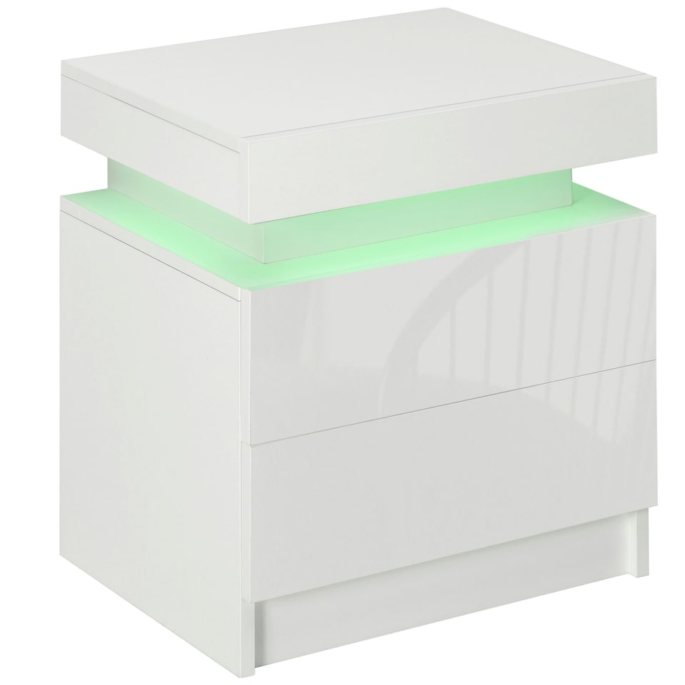 image 1 of HOMCOM High Gloss Bedside Table with LED Light and 2 Drawers, White