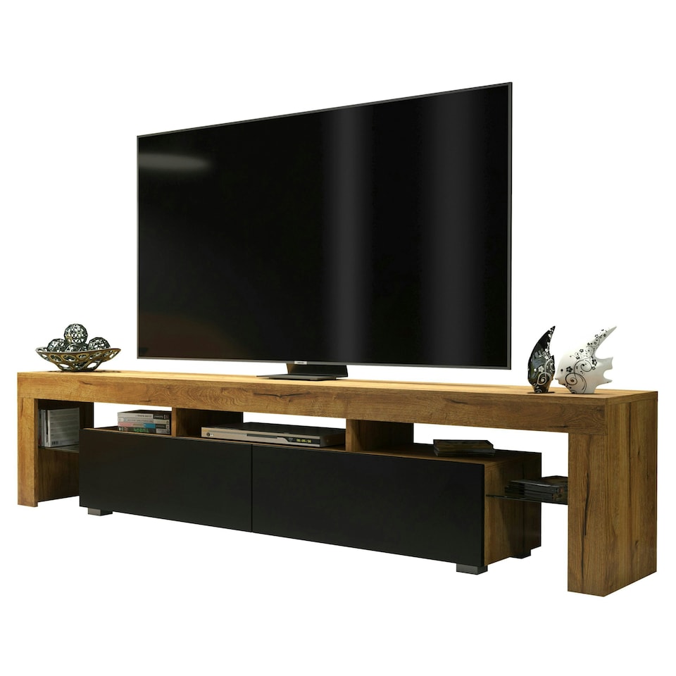 image 1 of Stylish Oak & Black TV Unit 200cm – Matt Finish with Glass Elements Multi