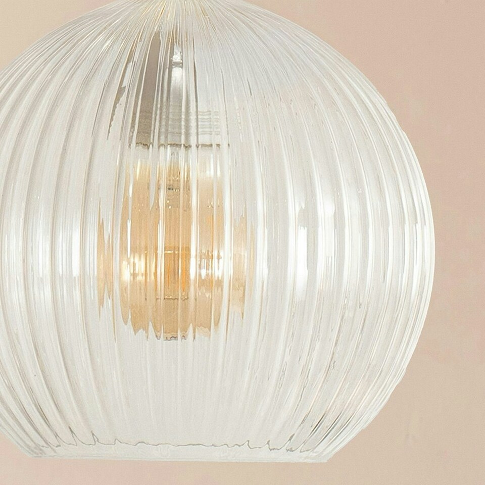 image 1 of ValueLights Maddison Clear Ribbed Glass Globe Easy Fit Pendant Lamp Shade with LED Bulb Multi