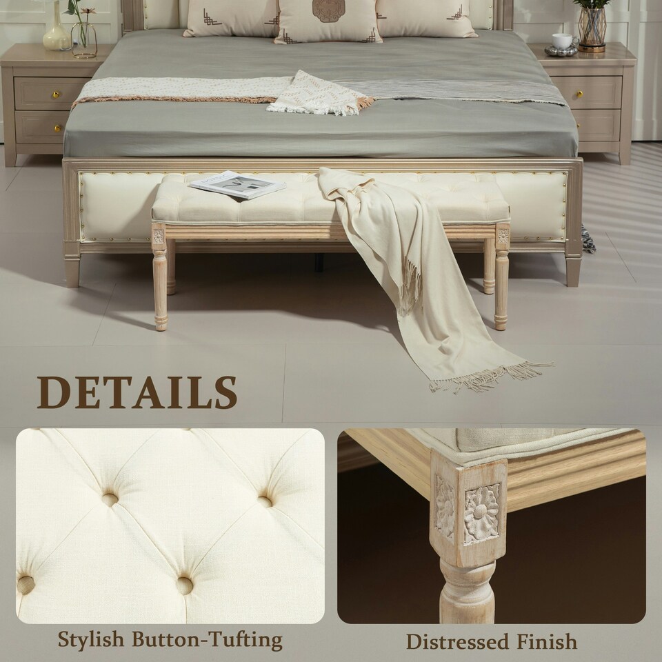 image 1 of HOMCOM End of Bed Bench Upholstered Foot Stool Linen-Touch Ottoman Cream