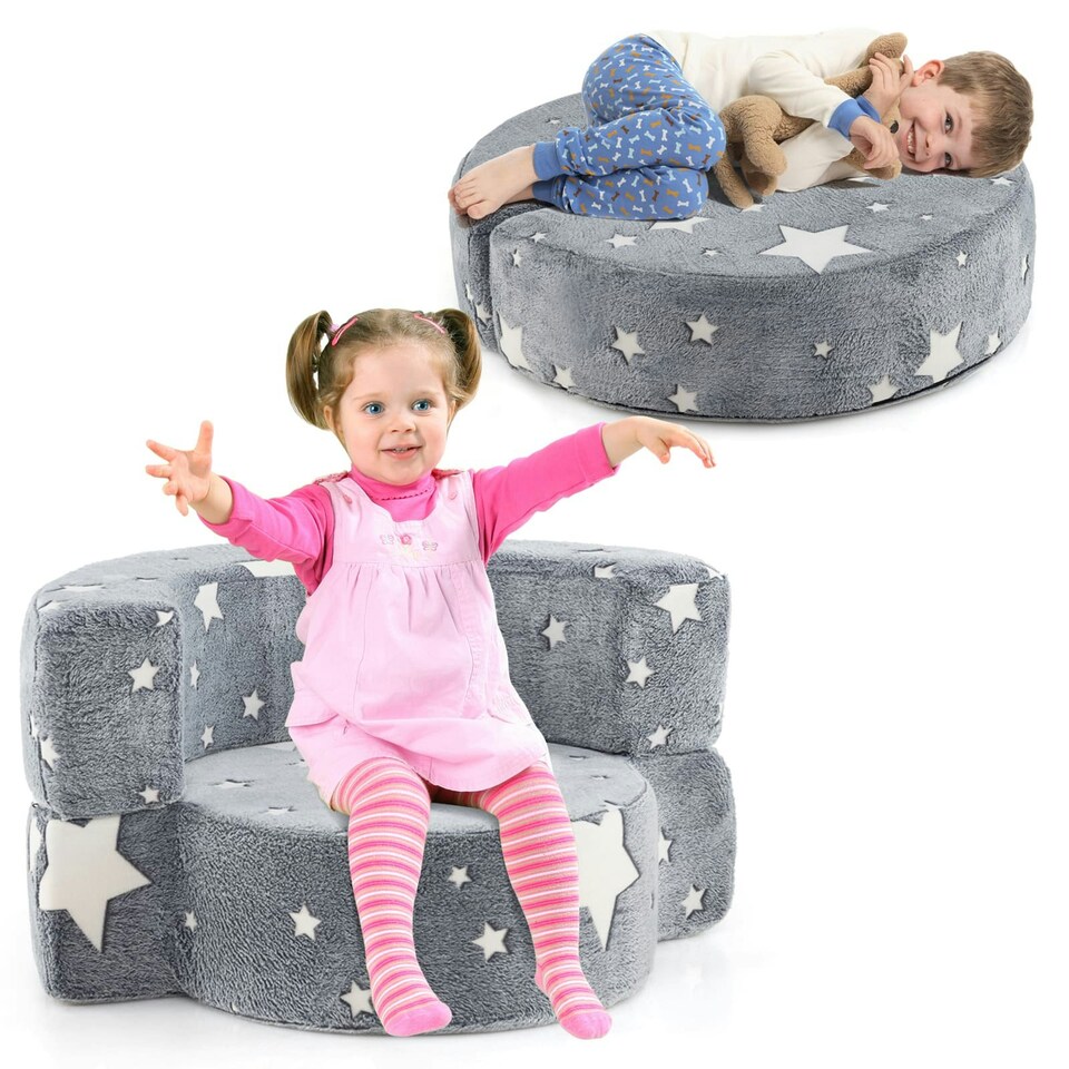 image 1 of COSTWAY Kids Plush Couch Toddlers 2 in 1 Sofa Play Mat | Grey | Chair