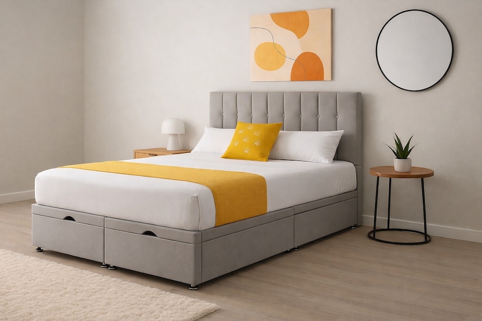 image 1 of Divan Silver Plush Ottoman Lift Up Storage Bed Set 4ft Small Double With Headboard and Mattress