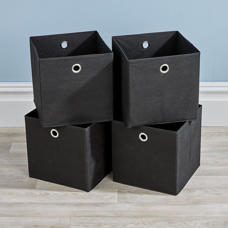 image 1 of Foldable Canvas Storage Folding Box Fabric Cube Cloth Bag 4 Piece Set | Black