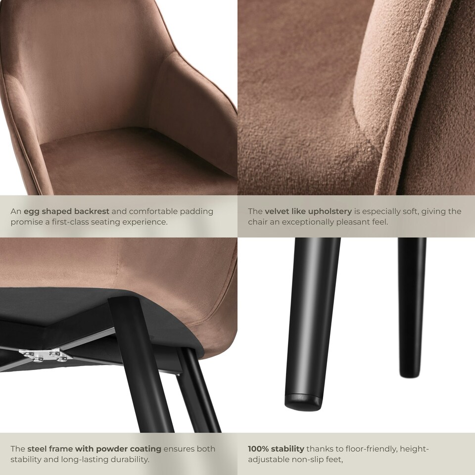 image 1 of Dining Chair Marilyn - with armrests, padded, velvet look, black steel legs - Set of 2 Brown | Brown/Black