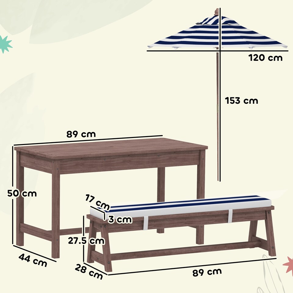 image 1 of AIYAPLAY Kids Picnic Table, Wooden Kids Garden Furniture with Umbrella | Blue | Navy blue, dark brown | Table: 89 x 44 x 50 cm, Bench: 89 x 28 x 27.5 cm, Umbrella: Dia. 120 x 153 cm