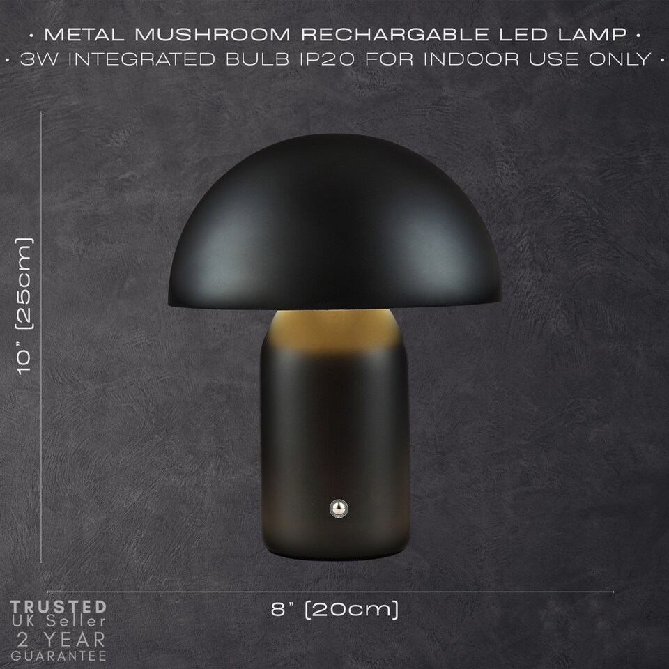 image 1 of Mat Black Modern USB-C Battery Mushroom Lamp with Touch Dimmer | Black