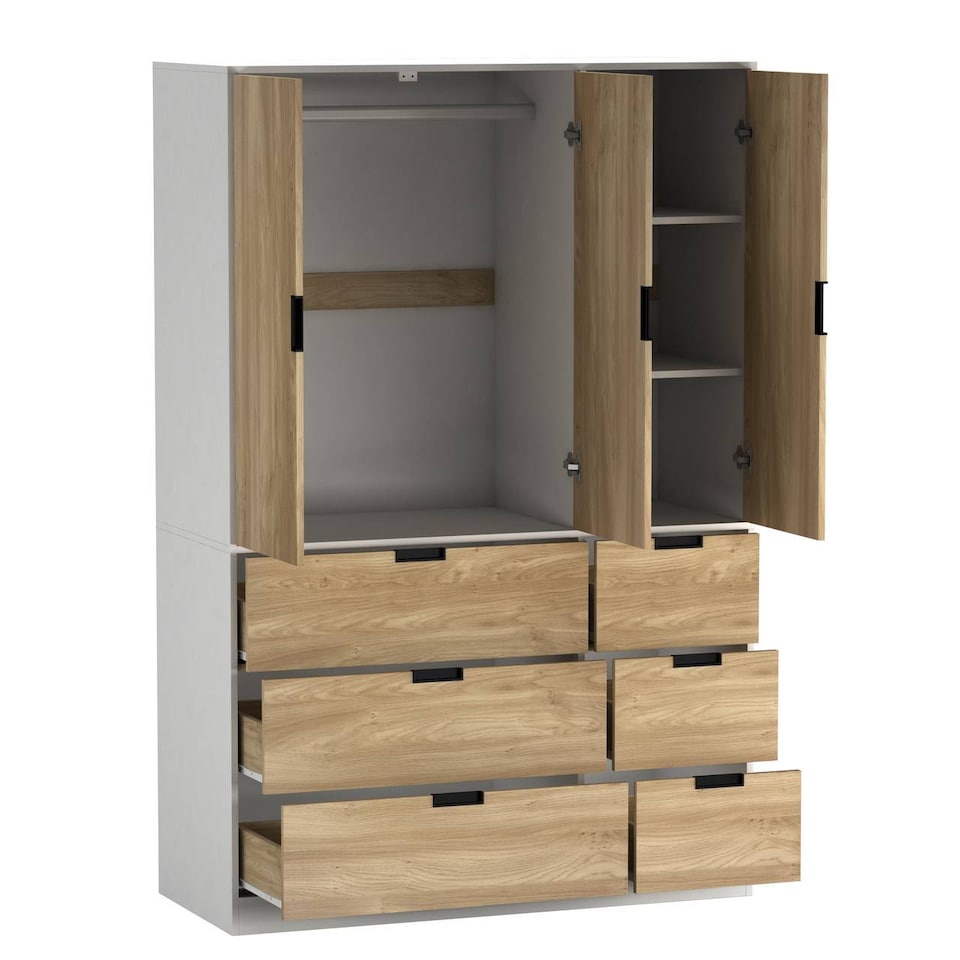 image 1 of RIGA 3 Door 6 Drawer Wardrobe | White | White & Oak | 10 x 44.5 x 79 | 1