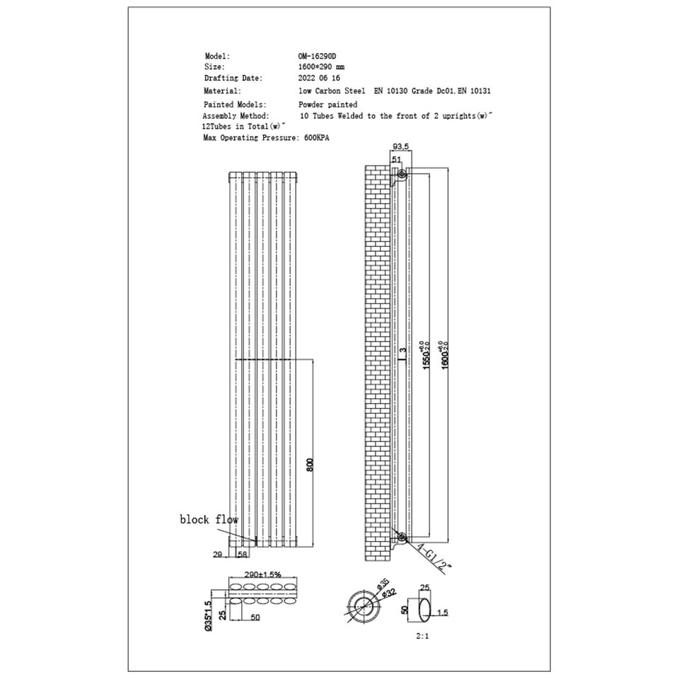 image 1 of Omeara Vertical Double Panel Heated Bathroom Radiator - White - (H) 1600mm x (W) 290mm
