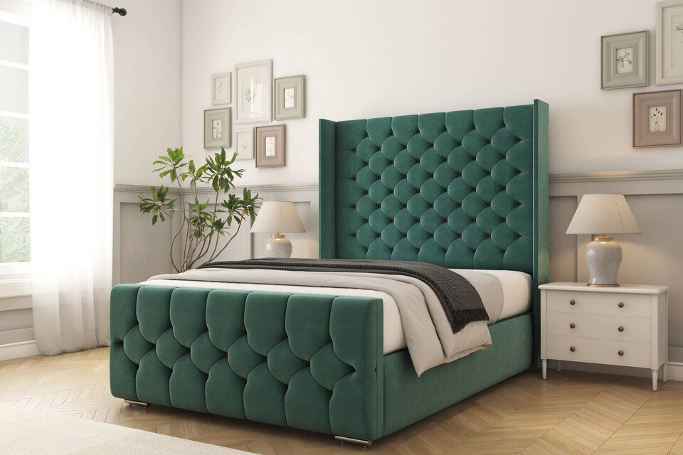 image 1 of Sloomy Luthor Emerald Plush Bed Frame With 50"  Upholstered Wingback Headboard 2'6 Small Single