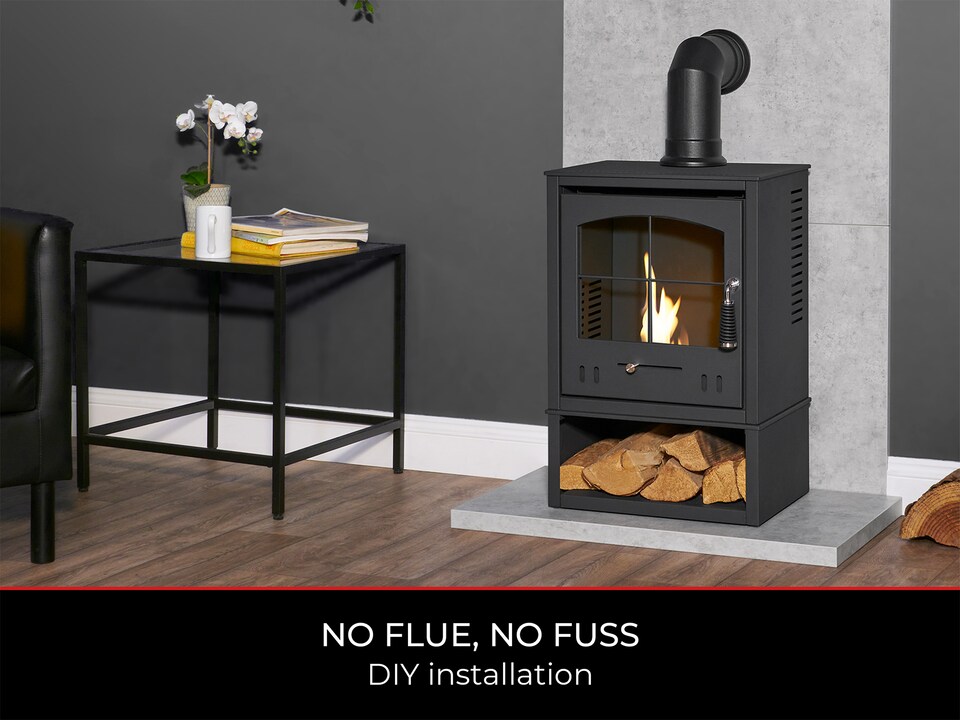 image 1 of OKO S2 Bio Ethanol Stove with Log Storage in Charcoal Grey with Angled Stove Pipe