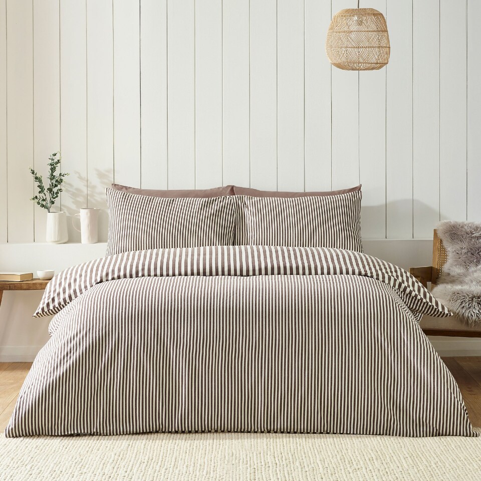 image 1 of Catherine Lansfield Brushed Stripe Cotton Reversible Duvet Cover Set