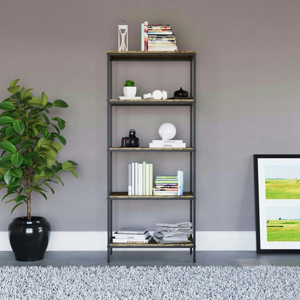 image 1 of Vida Designs Brooklyn 5 Tier Bookcase Industrial Style Display Storage, Dark Wood