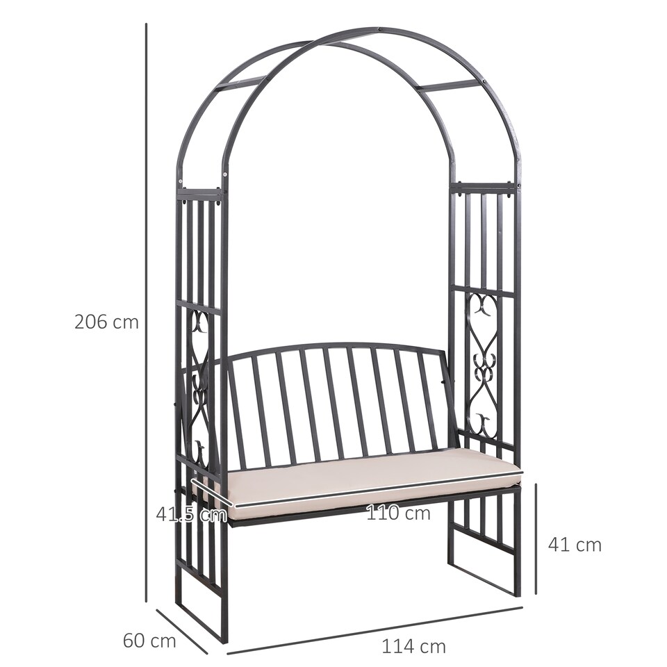 image 1 of Outsunny Garden Metal Arch Bench, Outdoor Furniture Chair with Cushion Outdoor Patio Rose Trellis Arbour Pergola, for Climbing Plant 114L x 60W x 206H cm