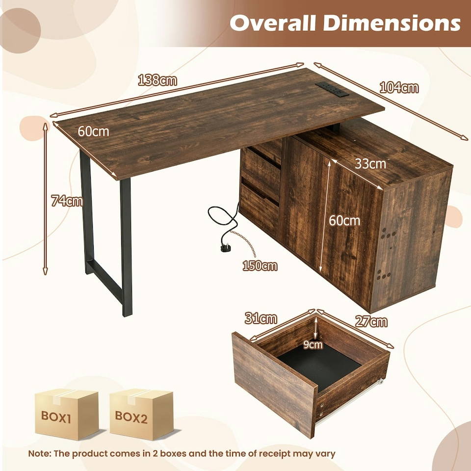 image 1 of COSTWAY L-Shaped Desk Reversible Corner Computer Desk Coffee Brown