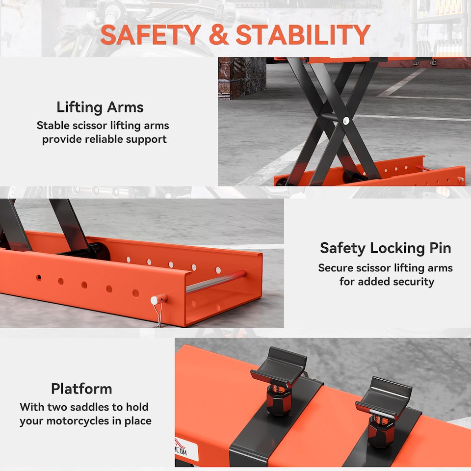 image 1 of HOMCOM 500 kg Motorcycle Scissor Lift Jack, Heavy Duty Steel Adjustable Motorbike Lifting Hoist Stand with Safety Pin, Foldable Lifter for Dirt Bike Repair Maintenance, 45x15 cm Large Platform, Orange