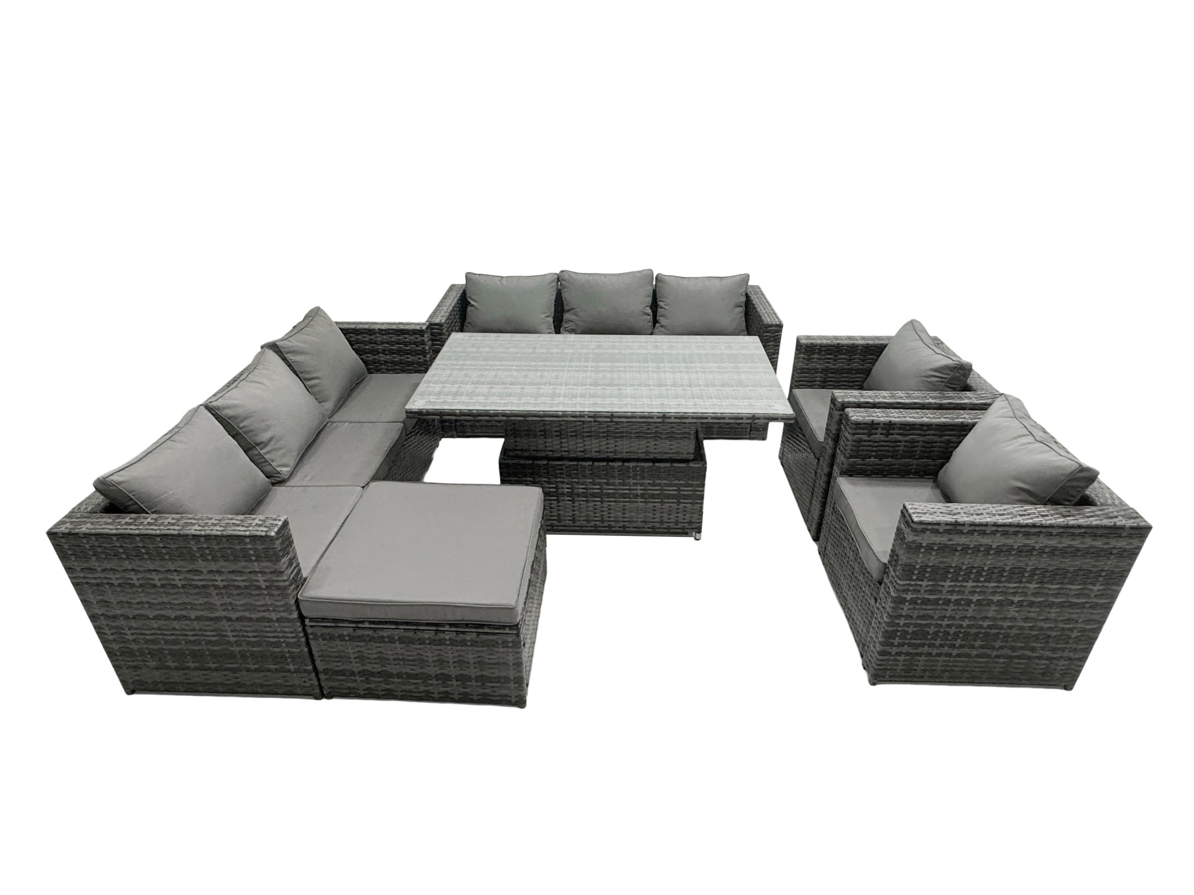 Fimous 9 Seater Outdoor Rattan Garden Furniture Set Adjustable Rising Lifting Dining Table With Chairs Footstool Dark Grey Mixed