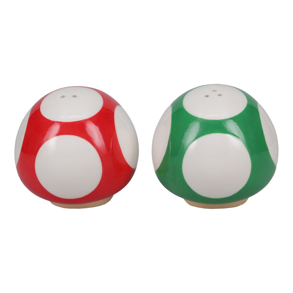 image 1 of Super Mario Mushroom Salt and Pepper Set,Red and Green Ceramic Shakers for Kitchen Decor,Official Nintendo Gift,Paladone