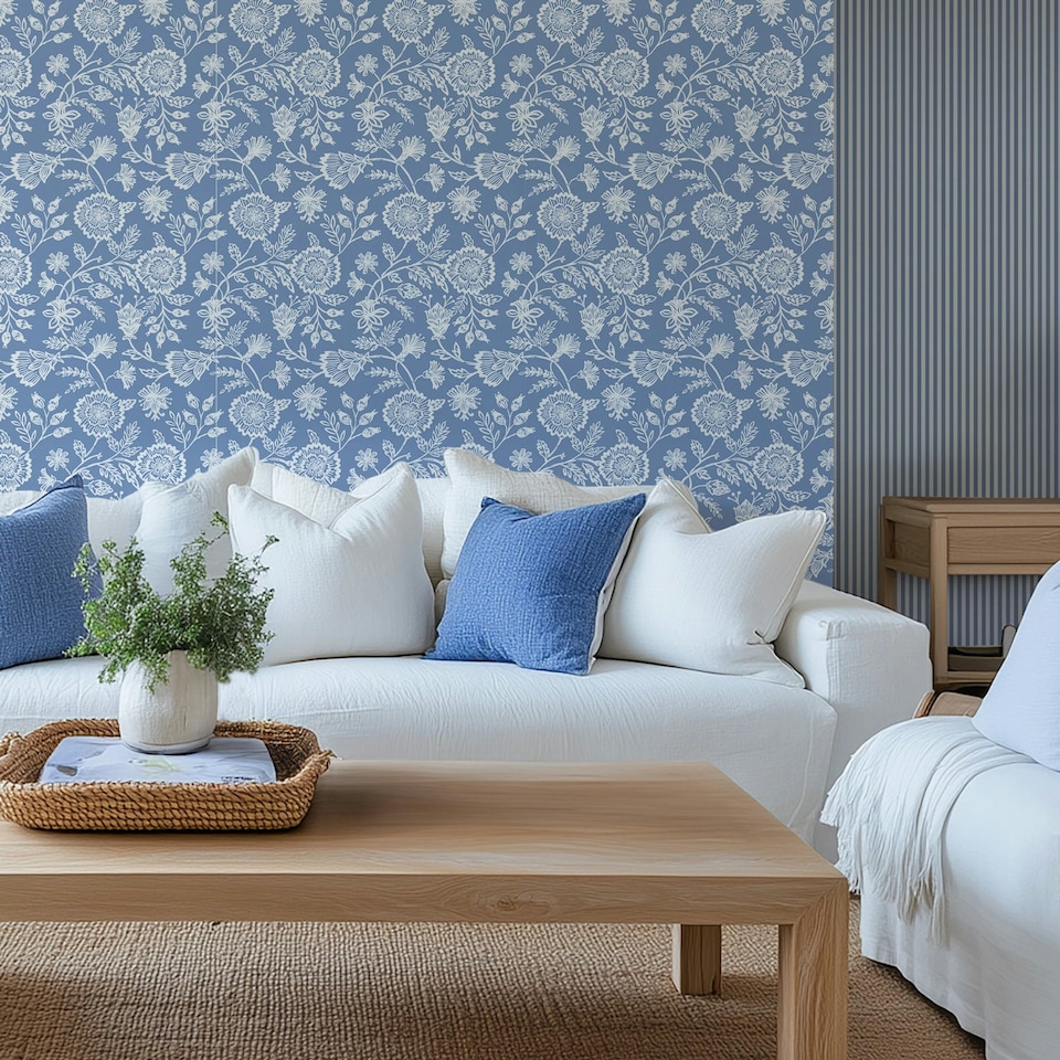image 1 of Country Floral Wallpaper in Cornflower Blue | Blue | Cornflower Blue