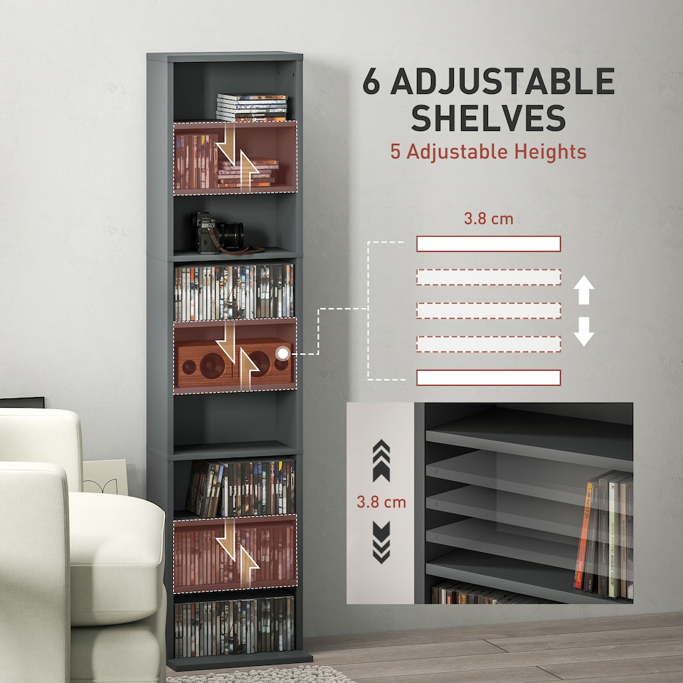image 1 of HOMCOM 260 CD Storage Unit 120 DVD Storage Tower with 9 Compartments Grey