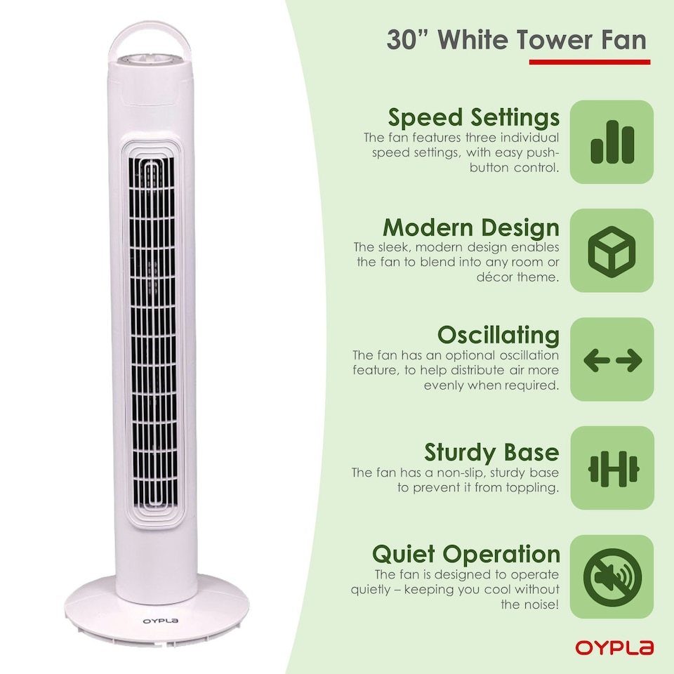 image 1 of Oypla Electrical 30" Free Standing 3-Speed Oscillating Tower Cooling Fan