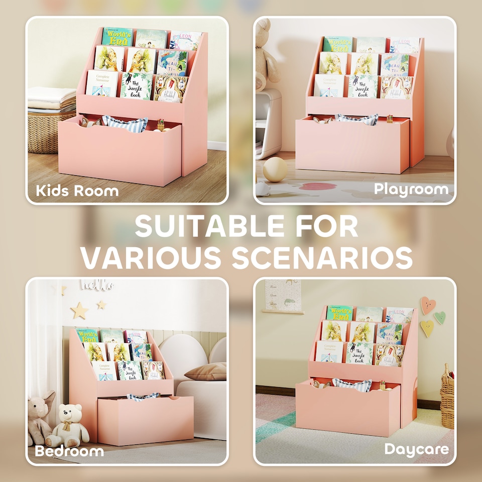 image 1 of AIYAPLAY Kids Bookshelf, Bookcase Toy Storage Organiser with 3 Tier Shelves, Drawer, for Bedroom, Nursery, Playroom, Classroom | Pink