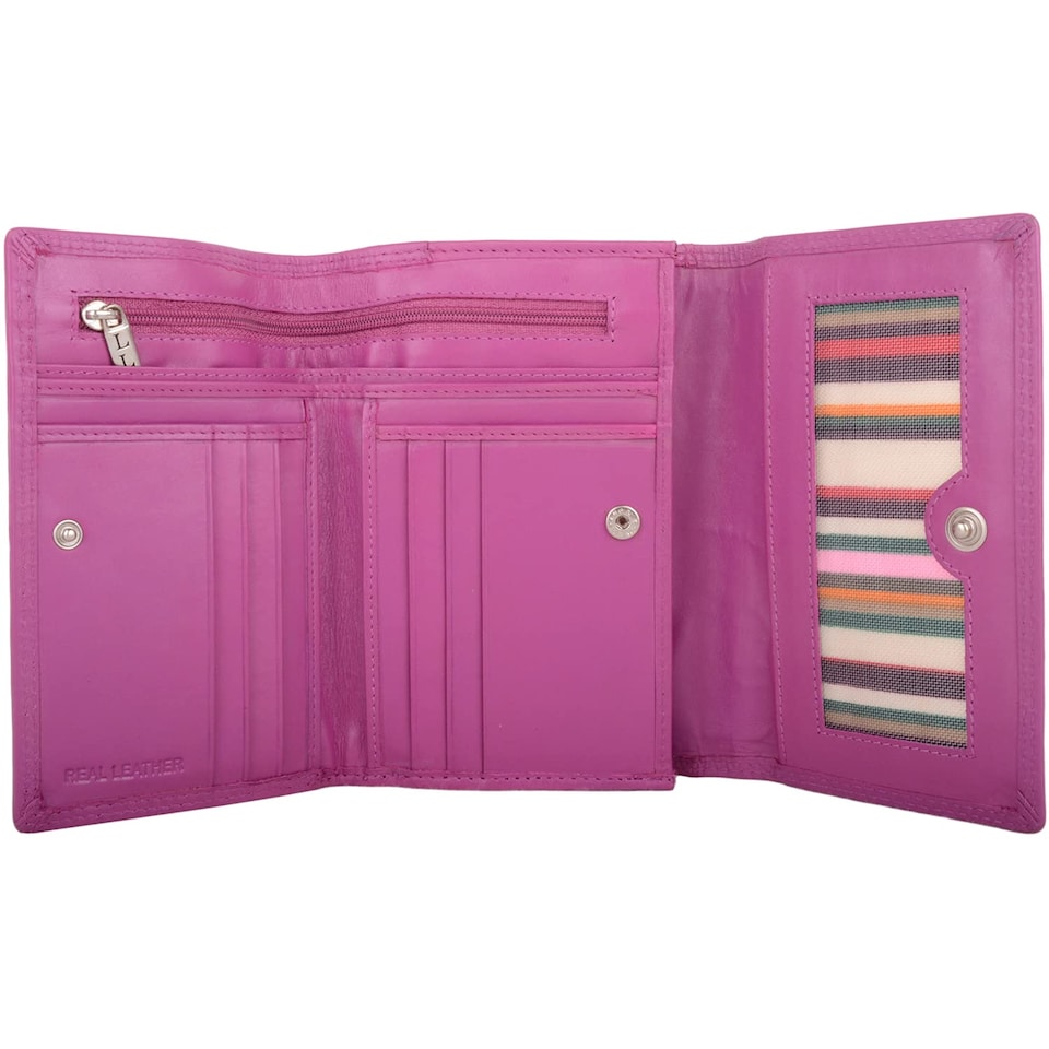image 1 of London Leathergoods Womens Tri Fold Money Holder Magnetic Flap Purse Wallet | Pink | Cerise