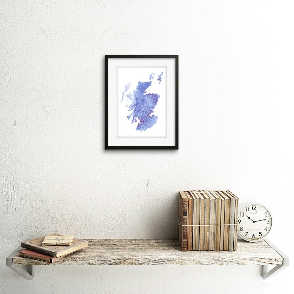 image 1 of Scotland Blue Scottish Tartan Map Design 9x7" Black Framed Wall Art Print