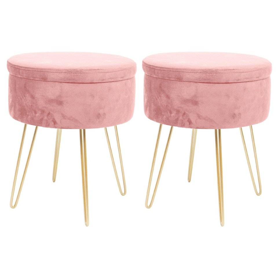 image 1 of Harbour Housewares Set Of 2 Pink Velvet Storage Footstools Round Gold Base Ottomans H45 x D36cm Elegant Feminine Seating Pink