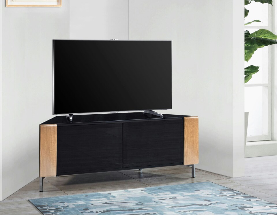 image 1 of MDA Designs CORVUS Corner-Friendly Gloss Black Contemporary Cabinet with Oak Profiles Black BeamThru Glass Doors Suitable for Flat Screen TVs up to 50" | Multi | 1
