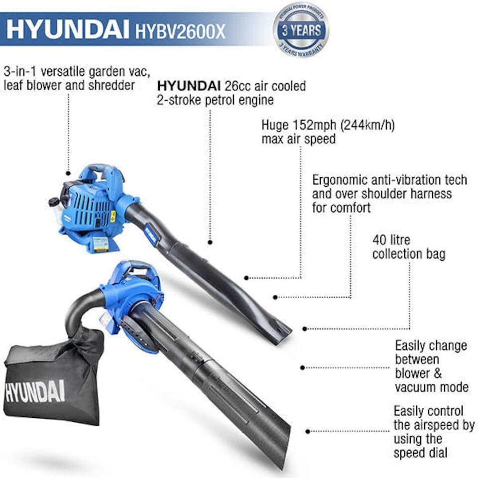 image 1 of Hyundai 3-IN-1 Petrol Leaf Blower Garden Vacuum Shredder 26cc 2-Stroke HYBV2600X