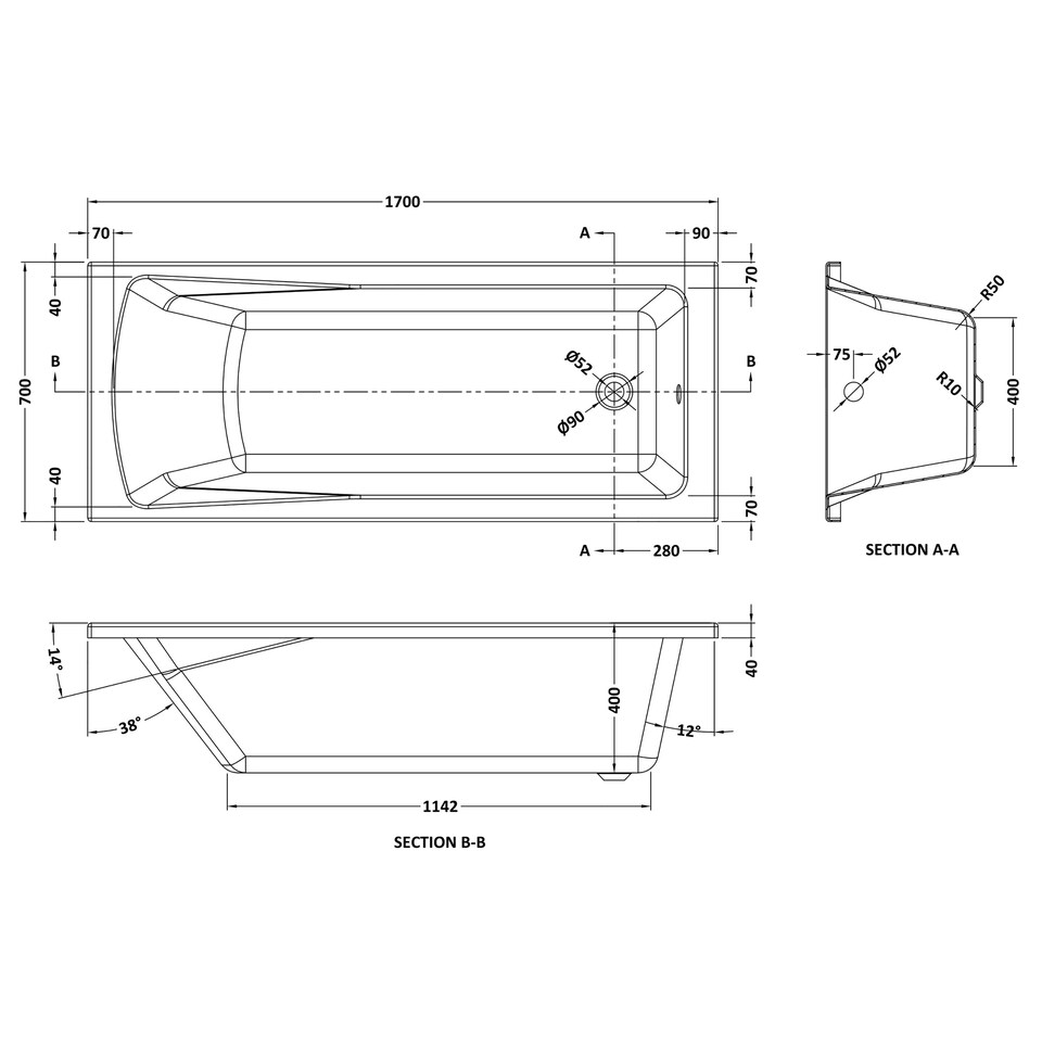 image 1 of Square Single Ended Straight Whirlpool Bath with 8 Chrome Jets and Leg Set, 1700 x 700mm White