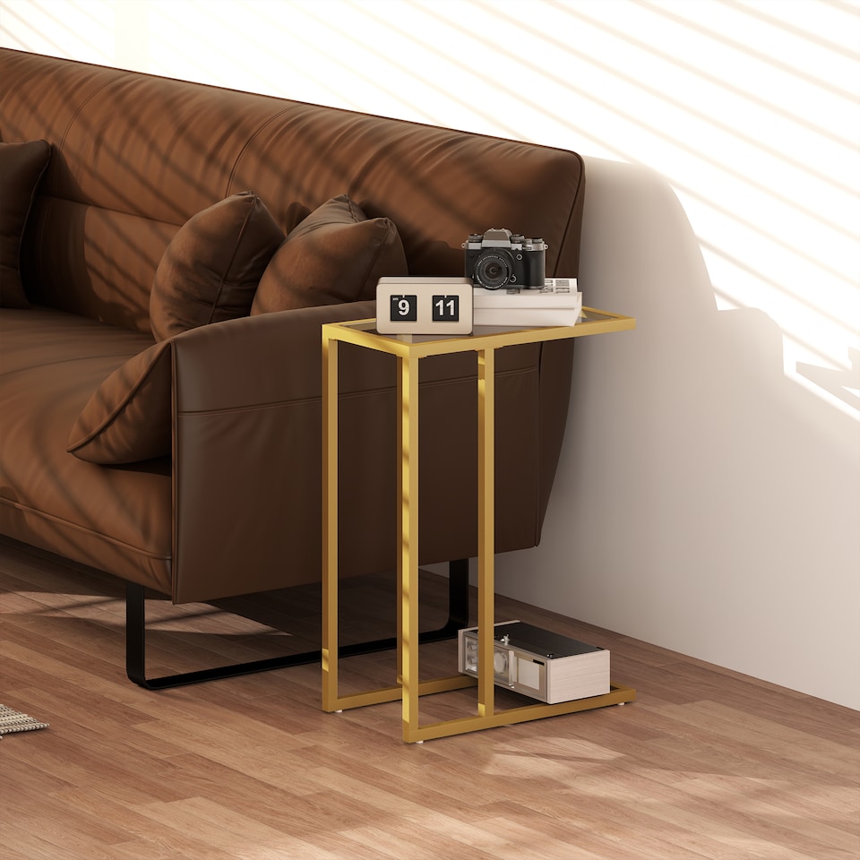image 1 of HOMCOM C-Shaped Side Table, Modern Slim End Table with Tempered Glass Tabletop, Steel Frame for Small Space, Living Room, Bedroom, Gold Tone | Gold