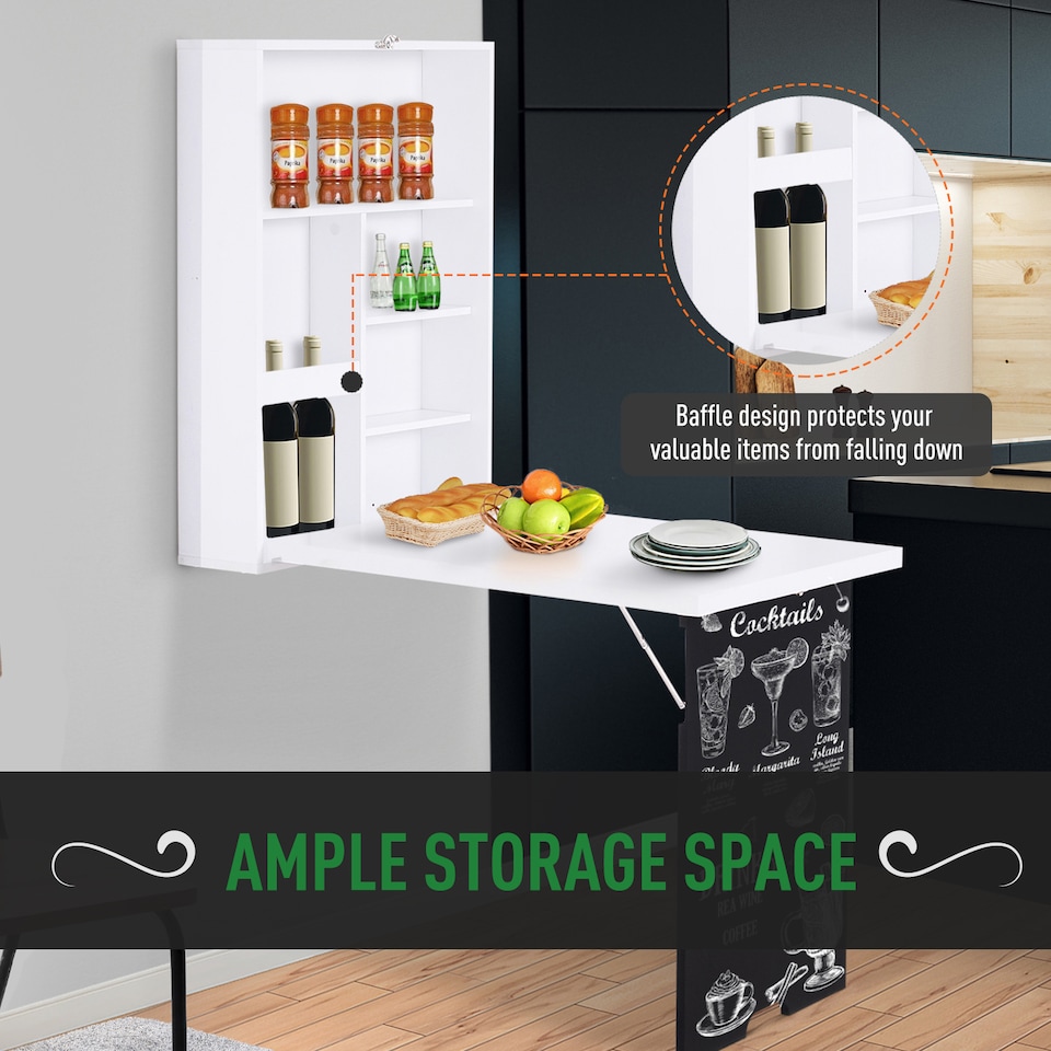 image 1 of HOMCOM Folding Wall-Mounted Drop-Leaf Table w/Chalkboard Shelf