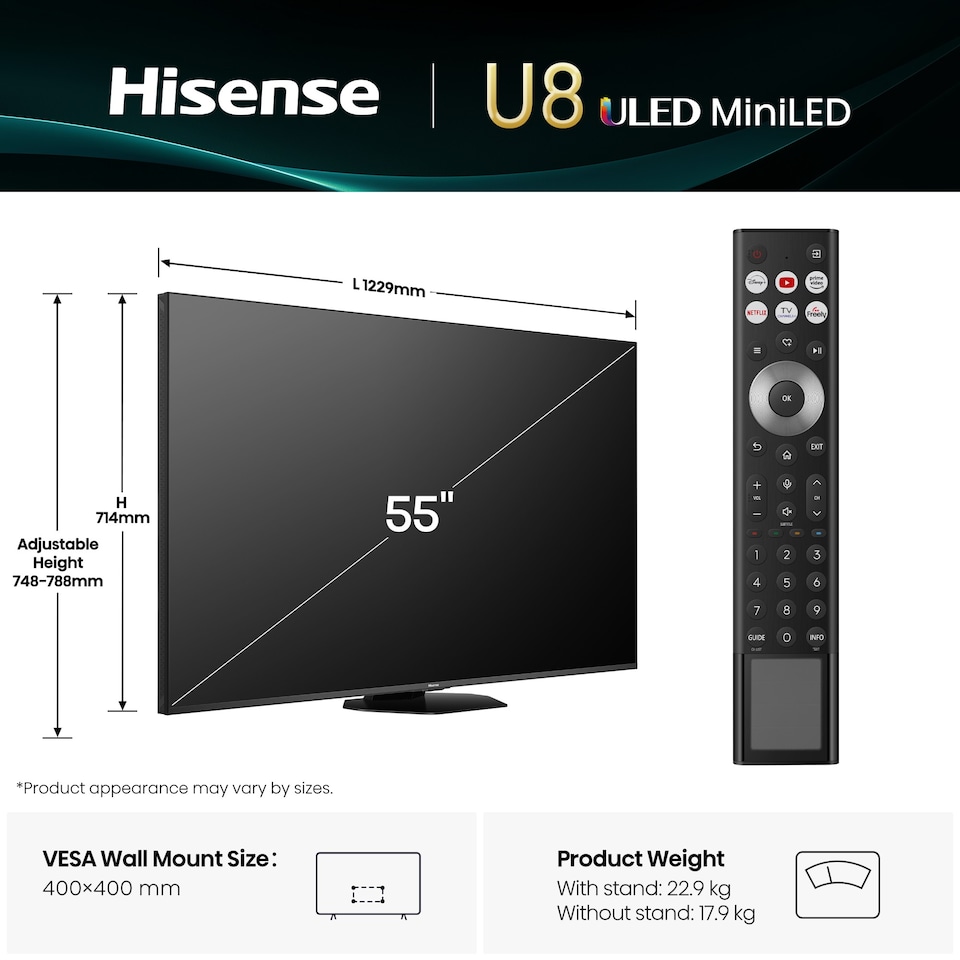 image 1 of Hisense 55" U8QTUK MiniLED 165Hz Smart AI TV with Freely