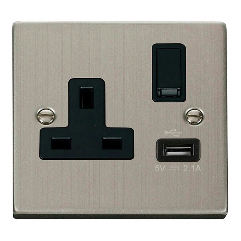 SE HOME Stainless Steel 1 Gang 13A DP 1 USB Switched Plug Socket Black | Stainless Steel