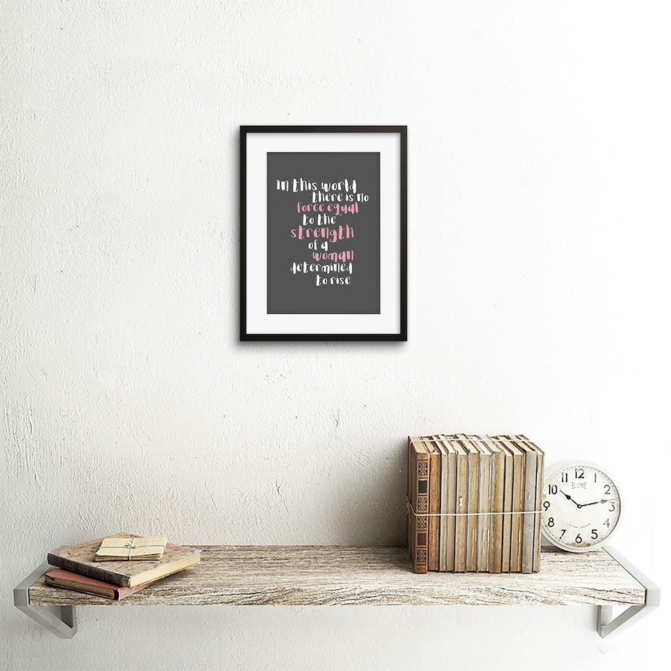 image 1 of Strength Of Determined Woman Quote Pink Grey Design 9x7" Black Framed Wall Art Print