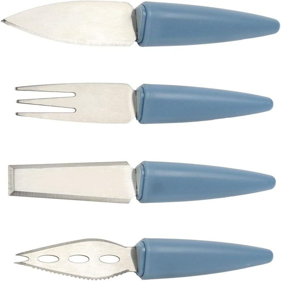 image 1 of CALITEK 4 Piece Cheese Knife Set with Stand Stainless Steel Blades Blue