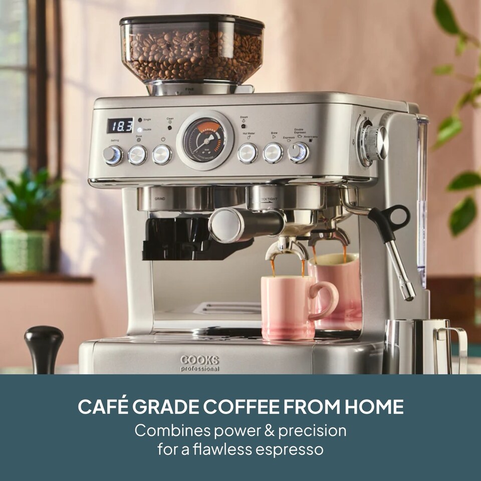 image 1 of Cooks Professional Bean-To-Cup Espresso Coffee Machine with Grinder, Steam Wand & Accessories | Silver