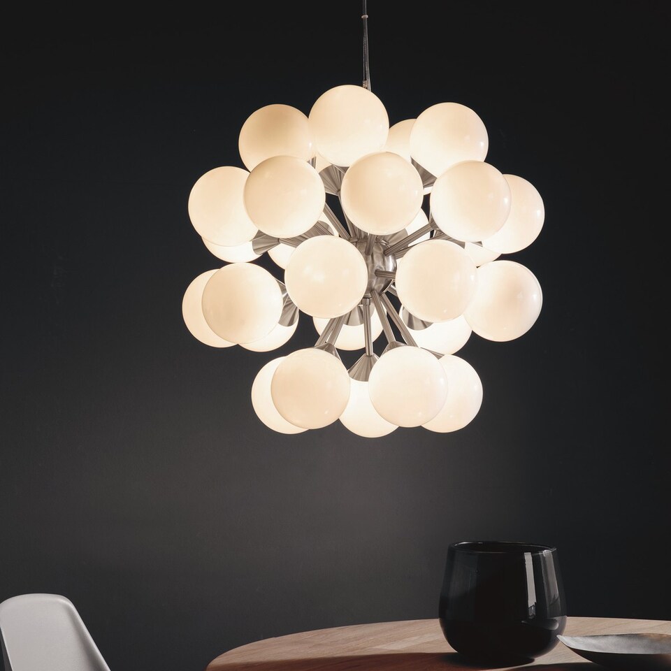image 1 of Oscar Globe Pendant Satin Nickel Effect Plate & Gloss White Glass 28 Light Dimmable IP20 - G9 - End of Line