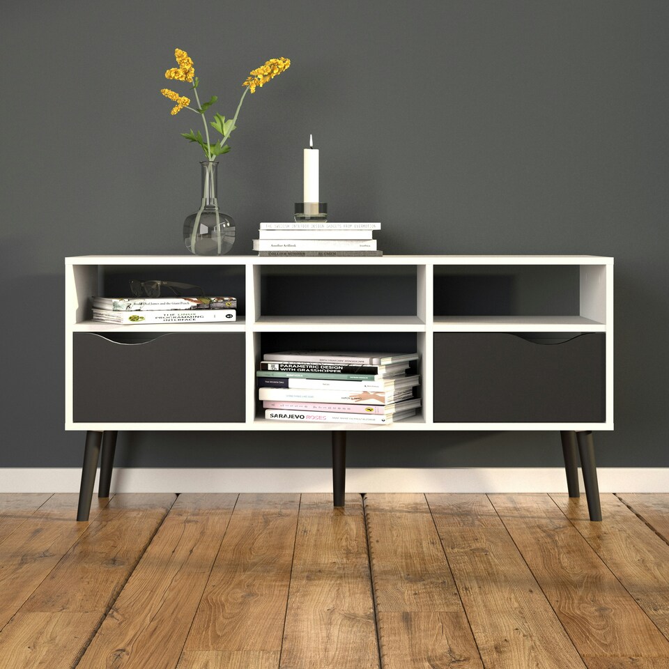 image 1 of Oslo TV Unit Wide 2 Drawers 4 Shelves in White and Black Matt