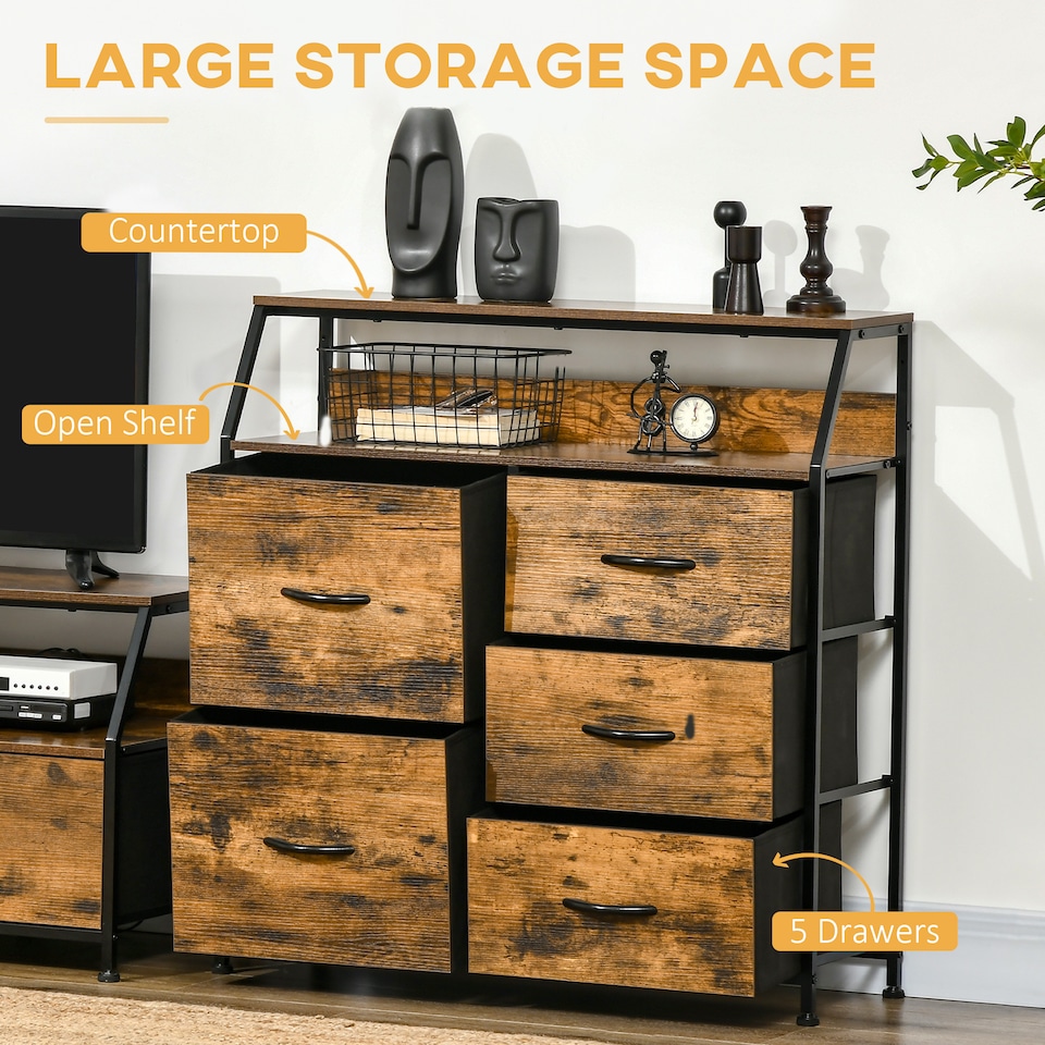 image 1 of HOMCOM Bedroom Chest of Drawers, Industrial 5 Fabric Drawer Dresser with Open Shelf for Living Room, Rustic Brown