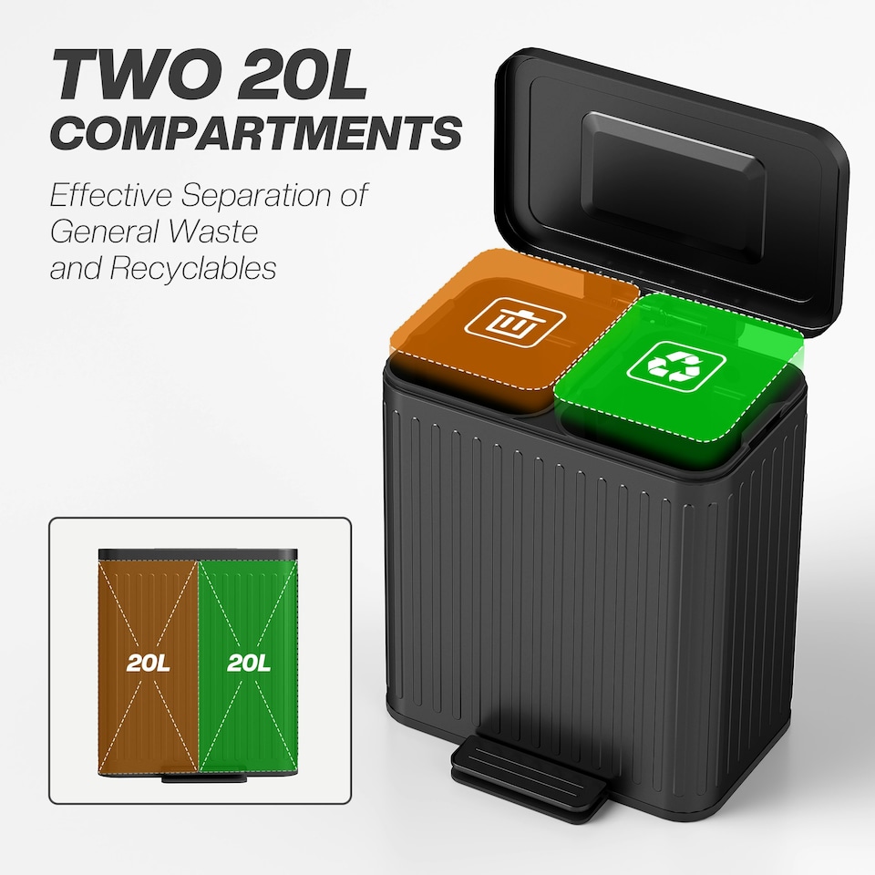 image 1 of HOMCOM 2 x 20L Double Rubbish Bin, Pedal Bin with Soft-Close Lid, Black Black | 40L