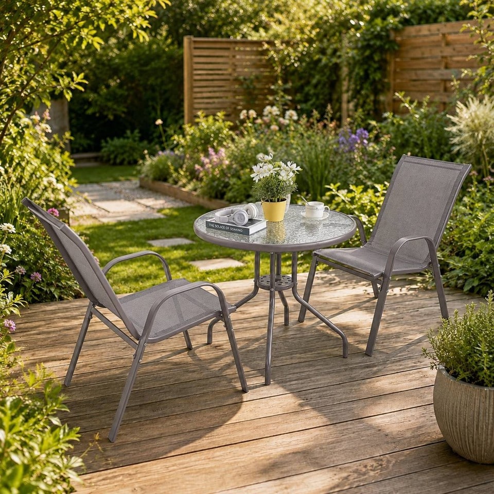image 1 of 3 Pcs Garden Round Glass Top Table & 2 Chairs Bistro Set
