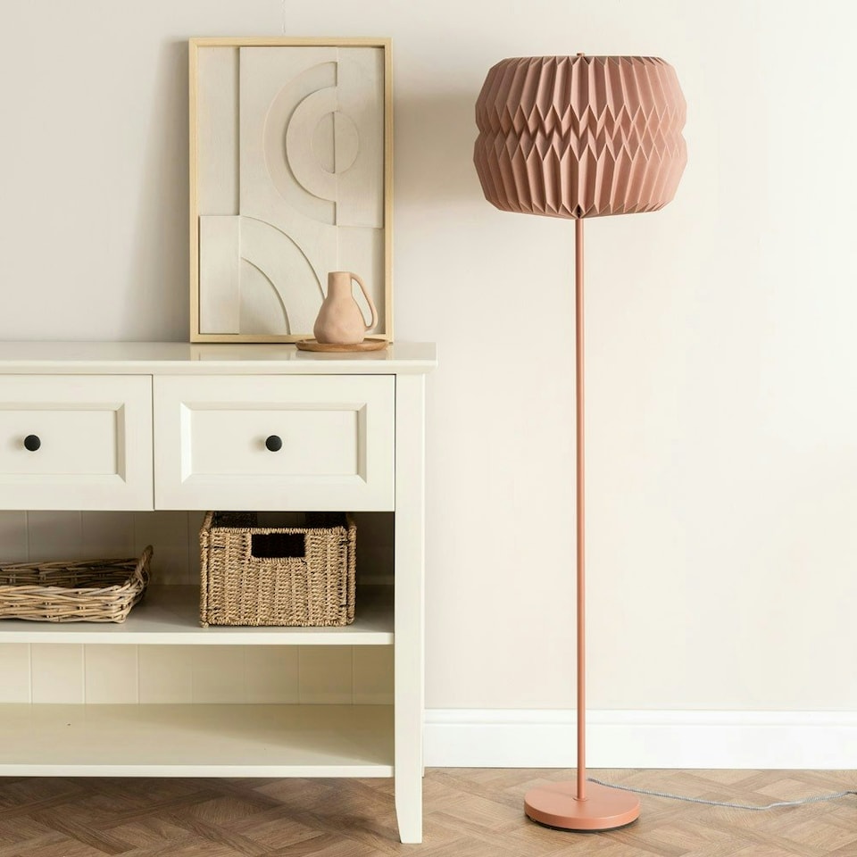 image 1 of ValueLights Bett Pink Floor Lamp with Pink Origami Drum Shade
